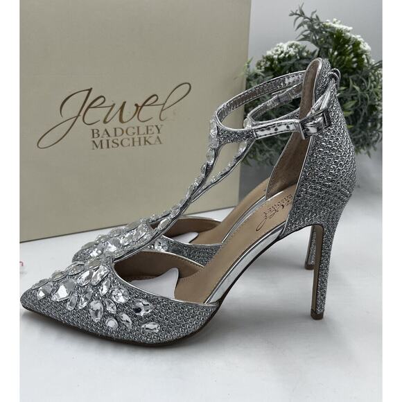 Badgley Mischka Jewel Womens Silver Rhinestone Umay Pointed Toe Stiletto Sz 6 - Picture 4 of 16